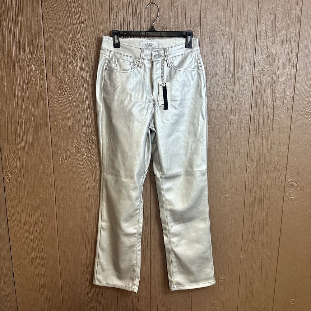 NWT Judy Blue Straight Leg Faux Leather Pant Size 3/26 Metallic Silver Nigth Out